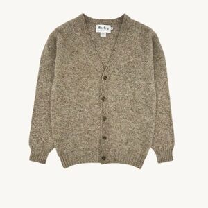 Harley of Scotland Shaggy Shetland Men's V Cardigan - Mushroom size L